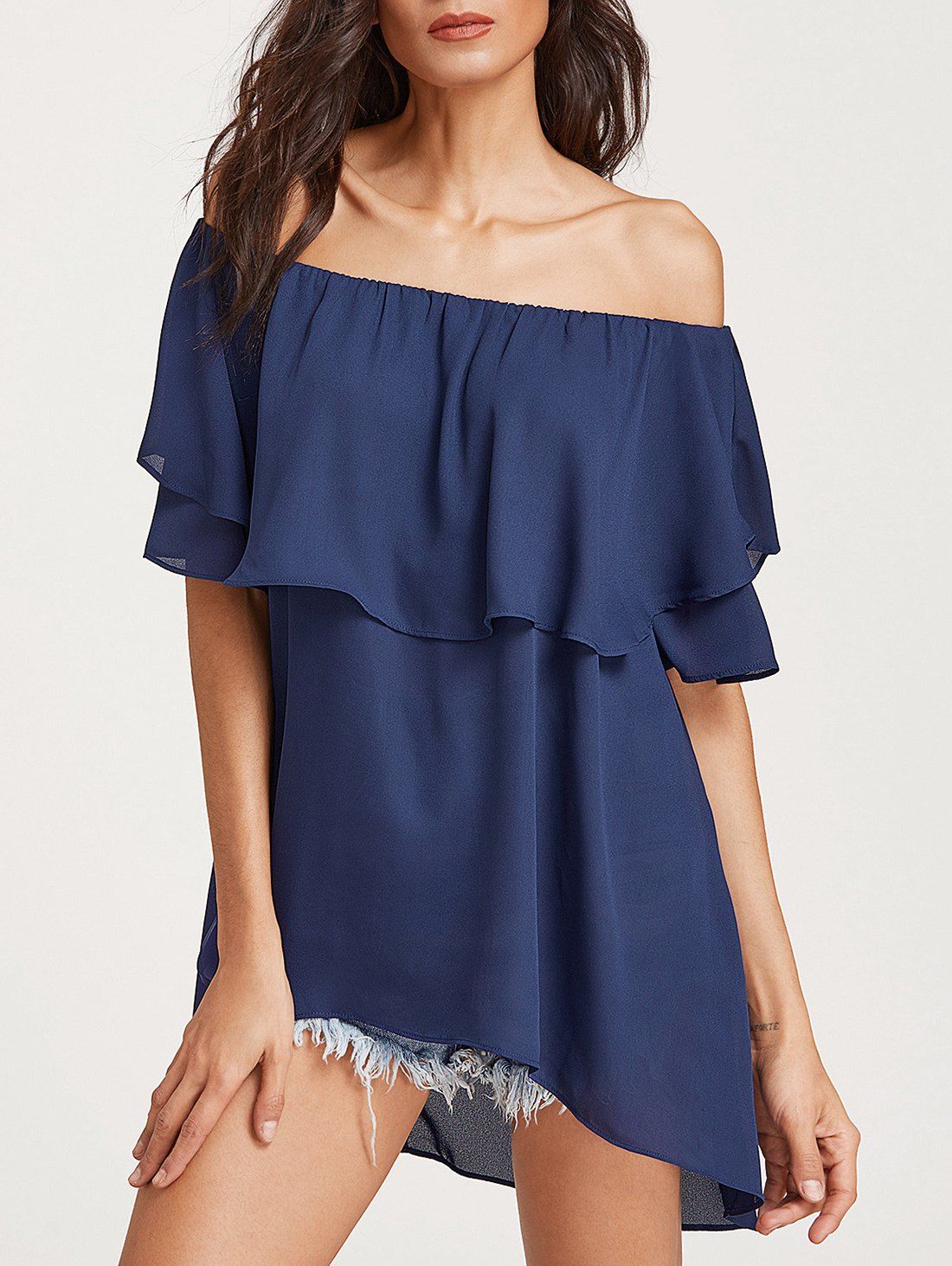 

Off The Shoulder Flounce Longline Blouse, Denim dark blue