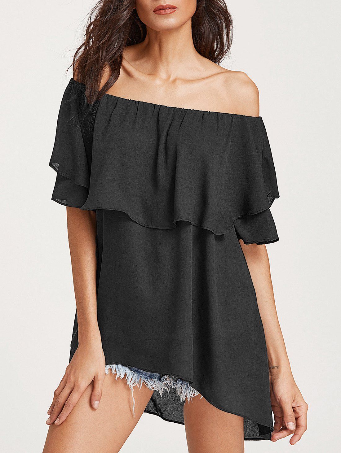 

Off The Shoulder Flounce Longline Blouse, Black