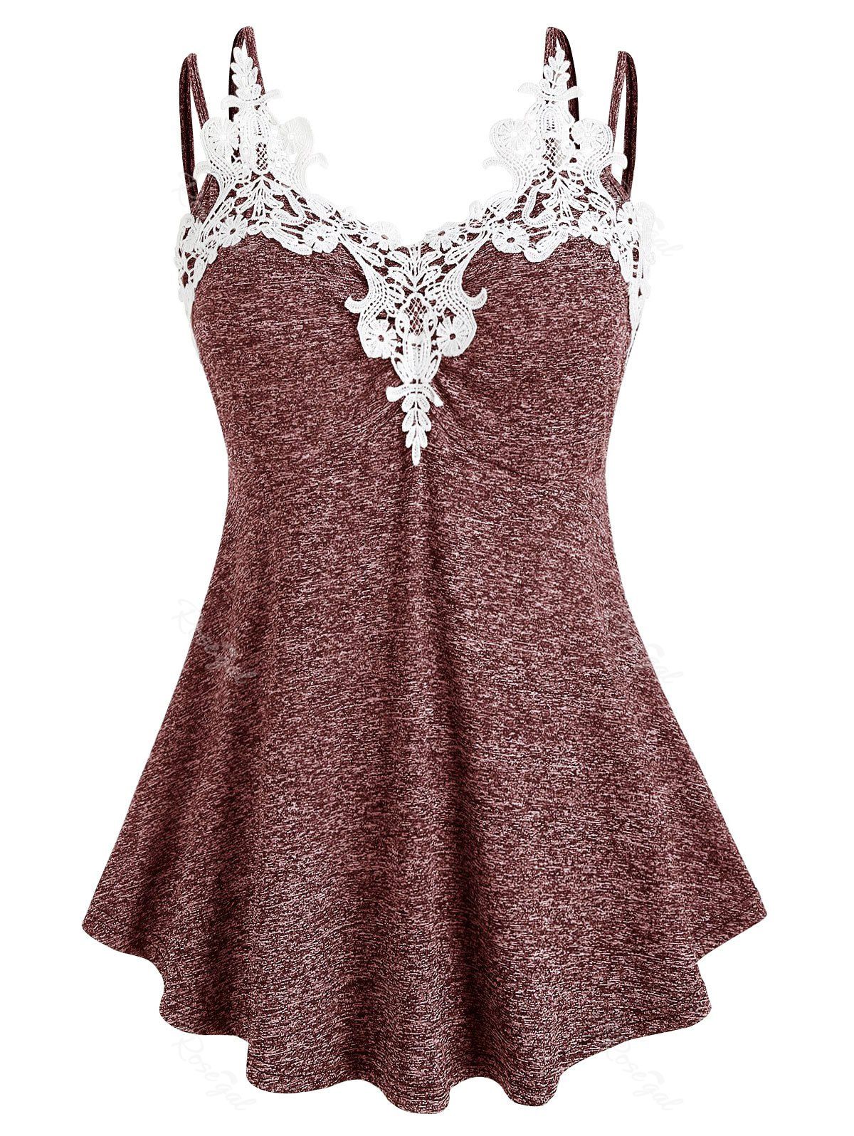 

Plus Size Marled Contrast Lace Tank Top, Red wine