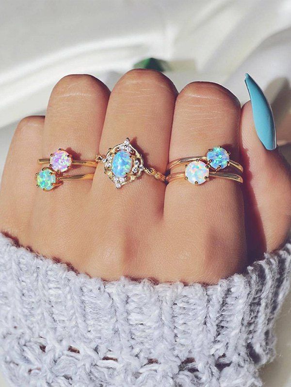

5Pcs Faux Gemstone Ring Set, Gold