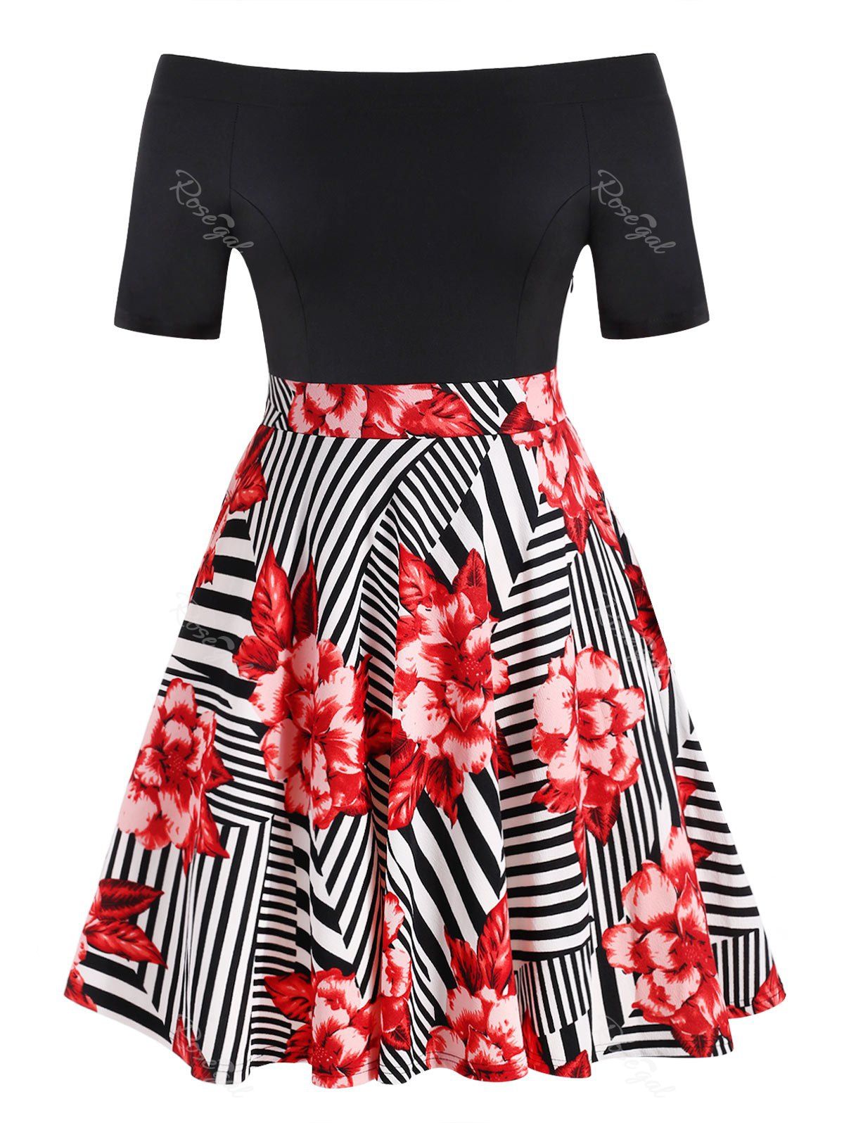 

Plus Size Off The Shoulder Stripe Floral Dress, Multi-a