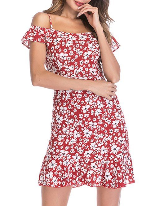 

Mini Floral Open Shoulder Flounce Dress, Red