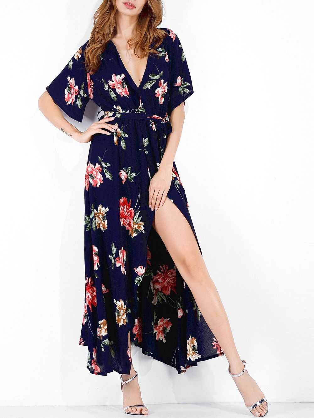 

Surplice Flower Slit Long Belted Dress, Deep blue