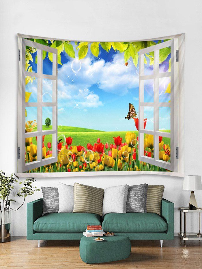 

Window Flower Butterfly Print Art Decoration Wall Tapestry, Sky blue