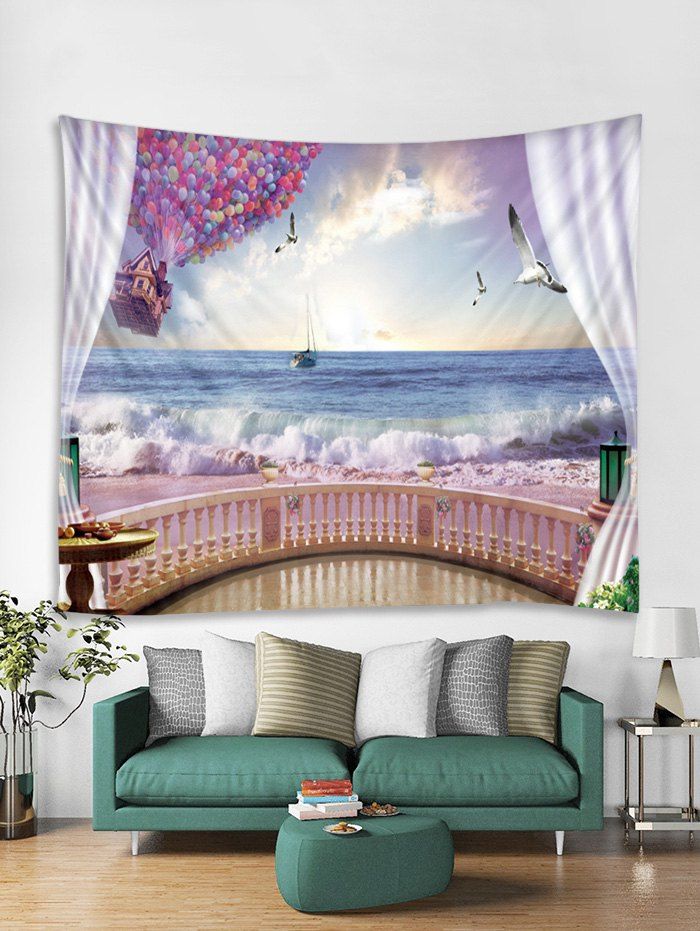 

Hot Air Balloon Seagulls Print Art Decoration Wall Tapestry, Day sky blue