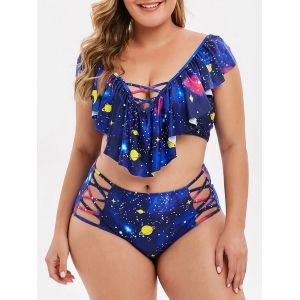 

Ruffles Planet Galaxy Star Moon Print Plus Size Tankini Set, Deep blue
