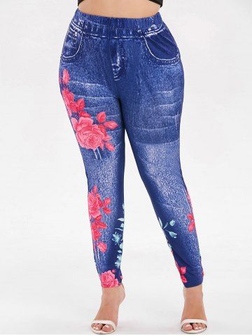 

High Waisted Floral Plus Size Leggings, Blue