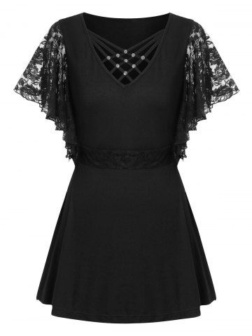 

Plus Size Criss Cross Lace Insert T Shirt, Jet black
