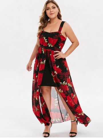 

Plus Size Floral Overlay Slit Maxi Dress, Rosso red