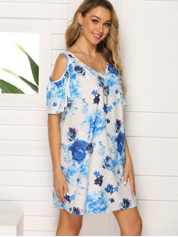 

Floral V Neck Open Shoulder Dress, Multi-b