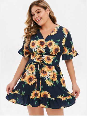 

Plus Size Sunflower Print Lace Up Mini Dress, Multi-a