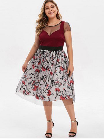 

Plus Size Mesh Insert Vintage Floral Dress, Red wine