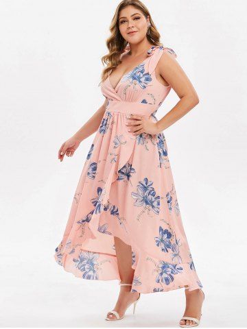 

Plus Size Tie Shoulder High Low Floral Maxi Dress, Pink