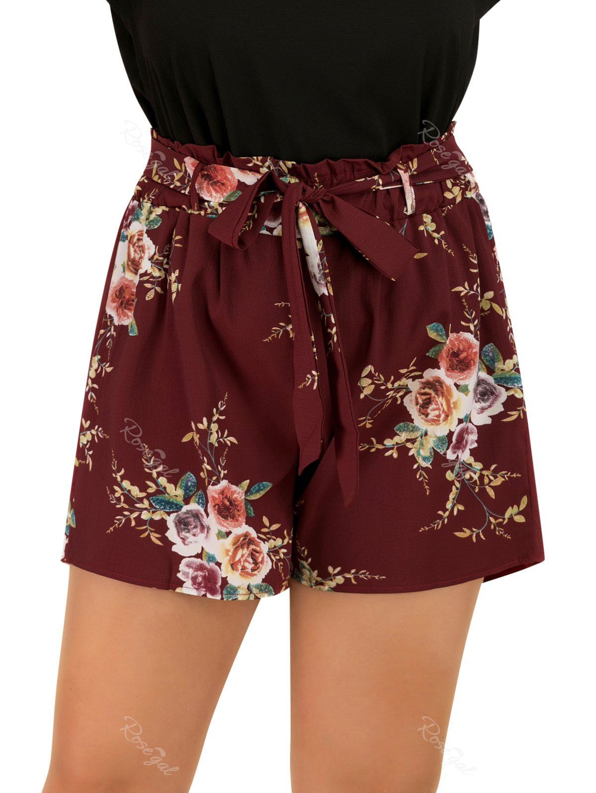 Plus Size High Rise Floral Shorts, Red wine