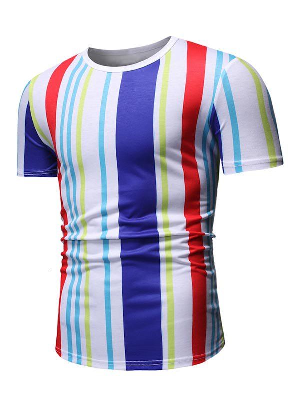 

Colorful Striped Print Short Sleeves T-shirt, White