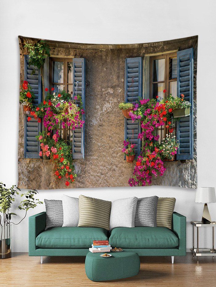 

Flower Window Print Art Decoration Wall Tapestry, Coffee
