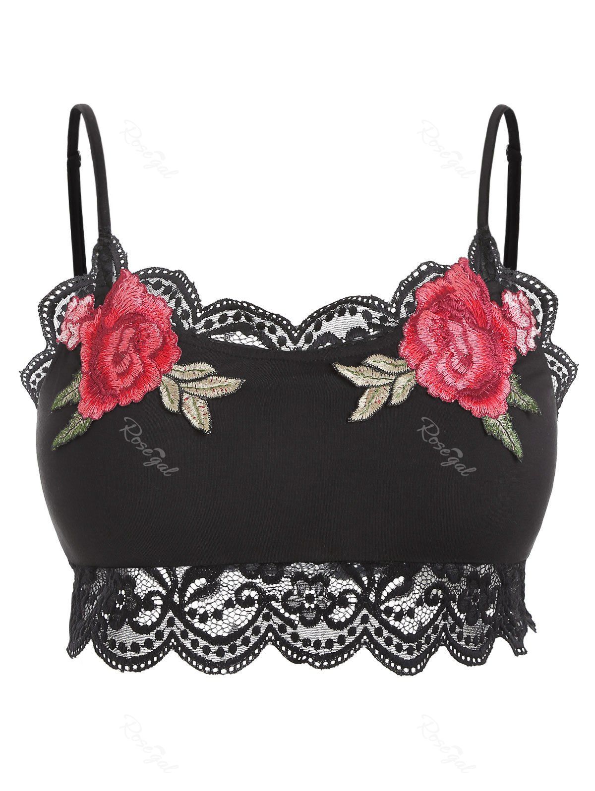 

Plus Size Embroidered Lace Insert Crop Tank Top, Black