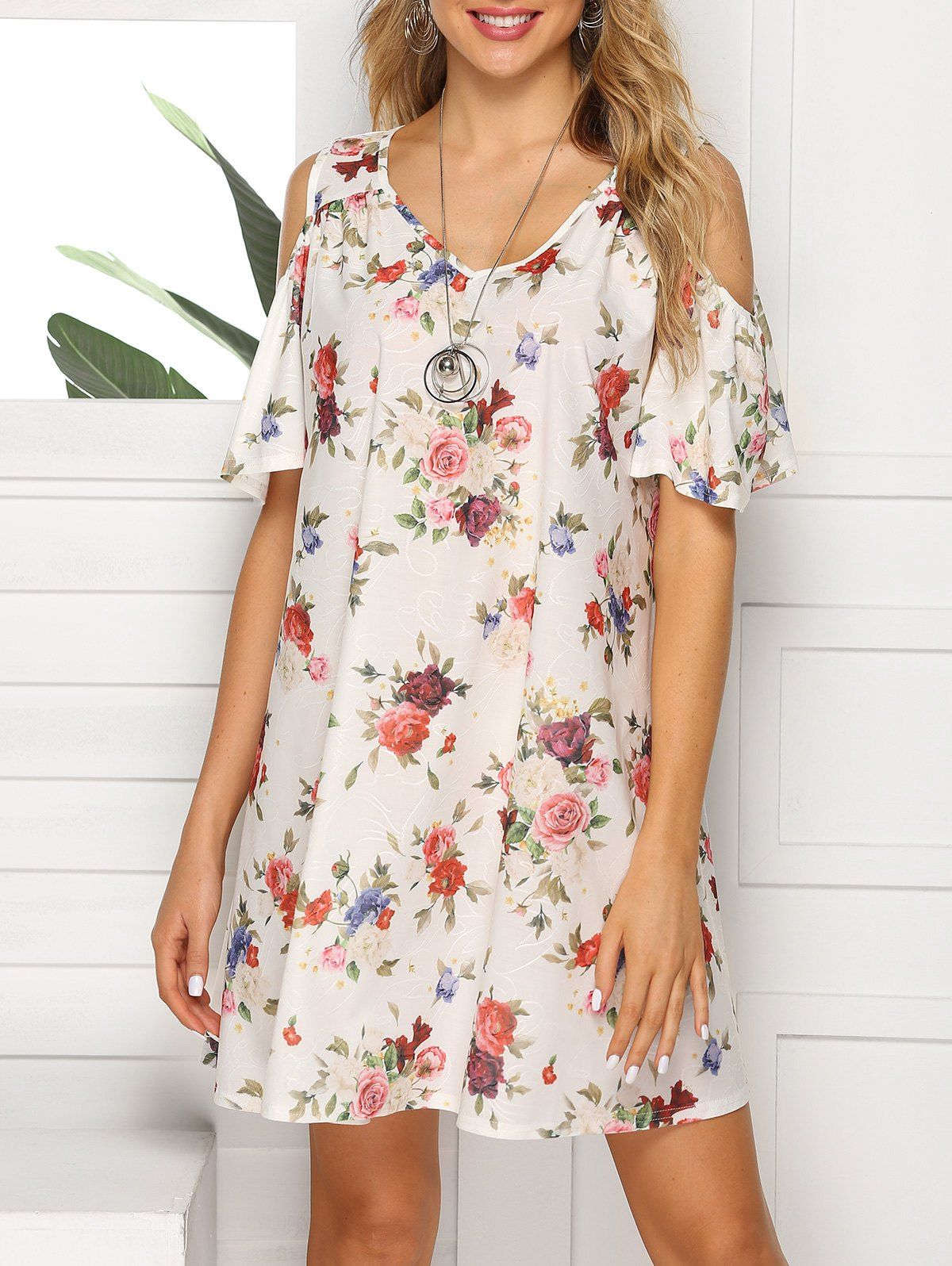 

Floral V Neck Open Shoulder Dress, Multi-a