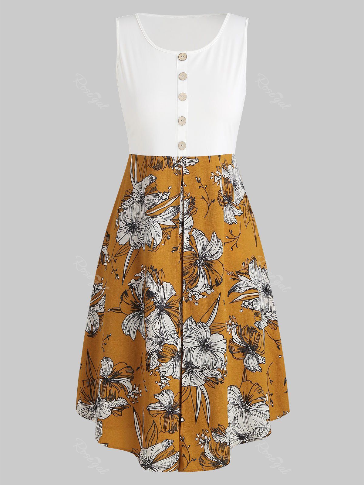 Plus Size A Line Button Printed Dress, Caramel