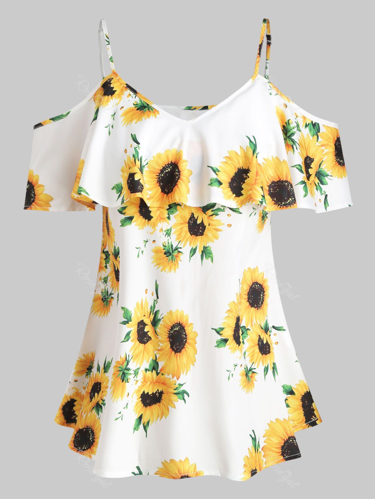 

Plus Size Sunflower Print Ruffle Blouse, White