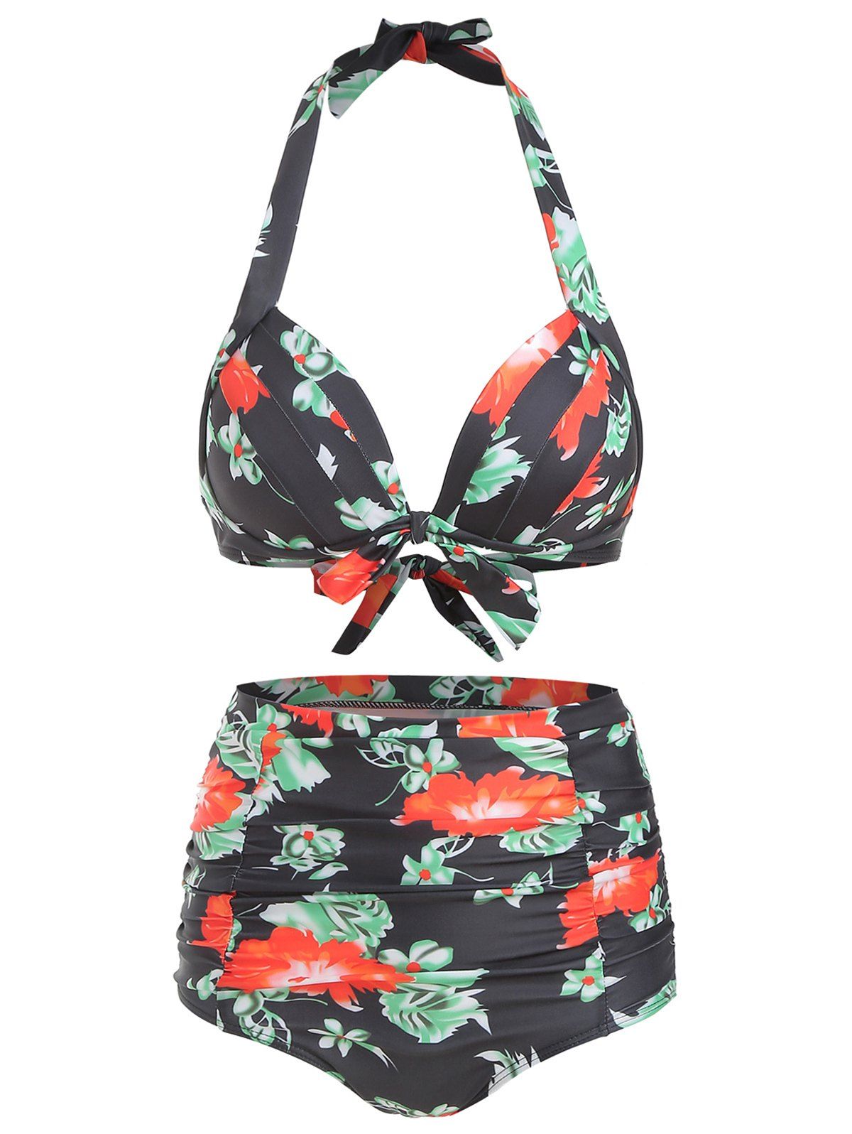

Floral Halter Tummy Control Bikini Set, Black