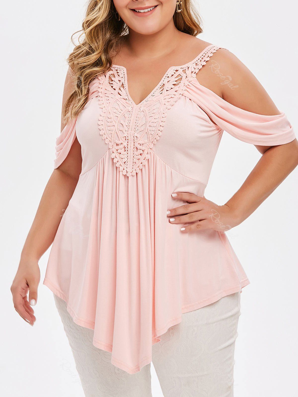 

Plus Size Asymmetrical Lace Crochet Cold Shoulder T-shirt, Pink