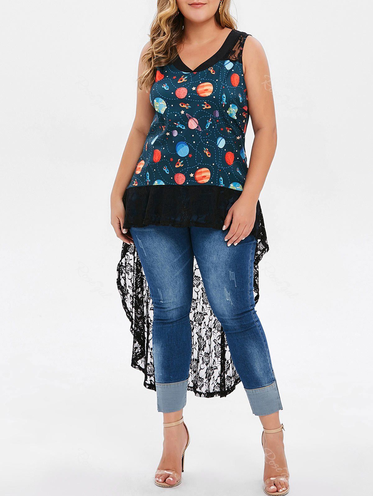 

Lace Panel High Low Planet Plus Size Tank Top, Black