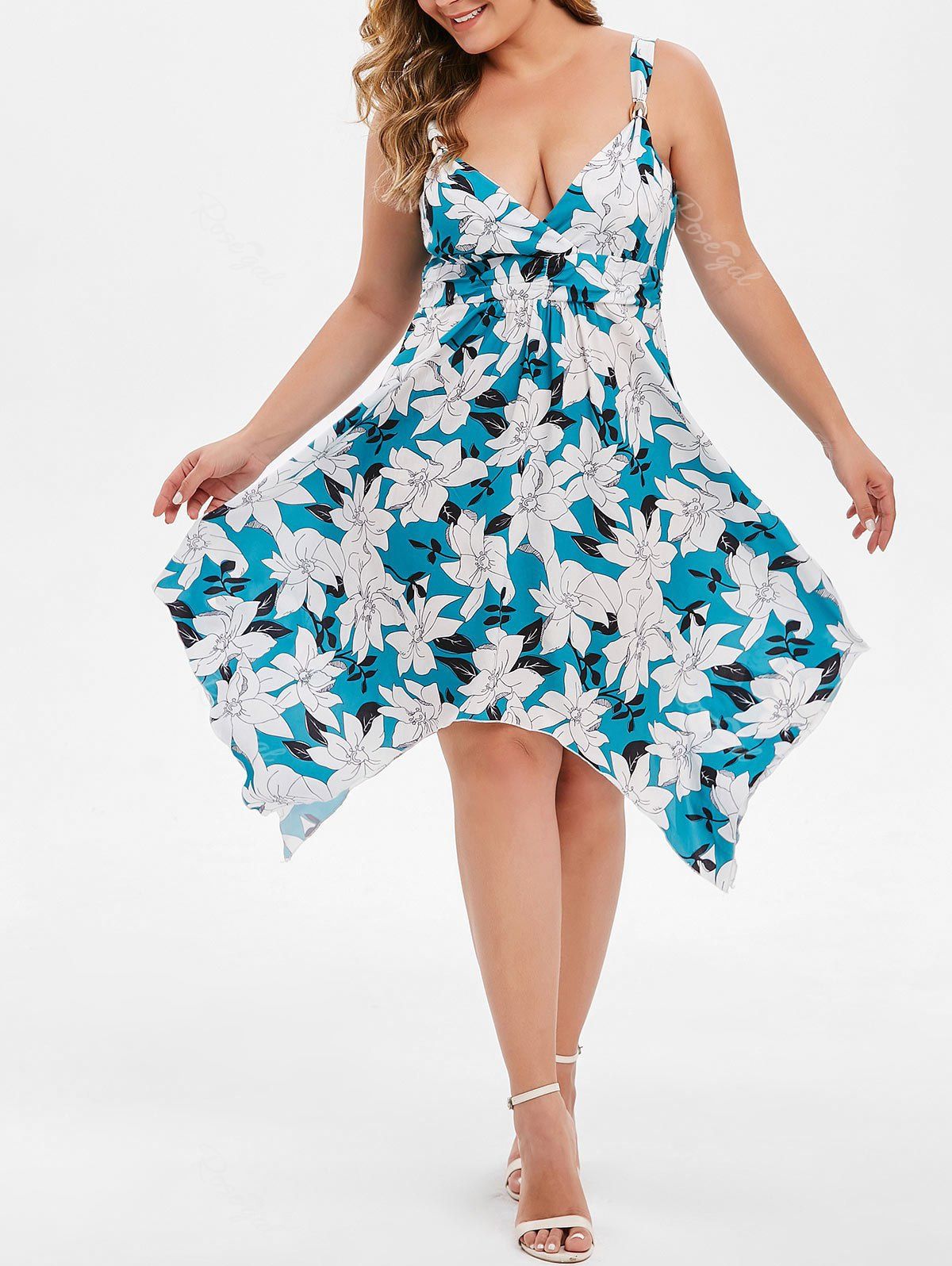 OFF Plus Size Floral Handkerchief Dress Rosegal