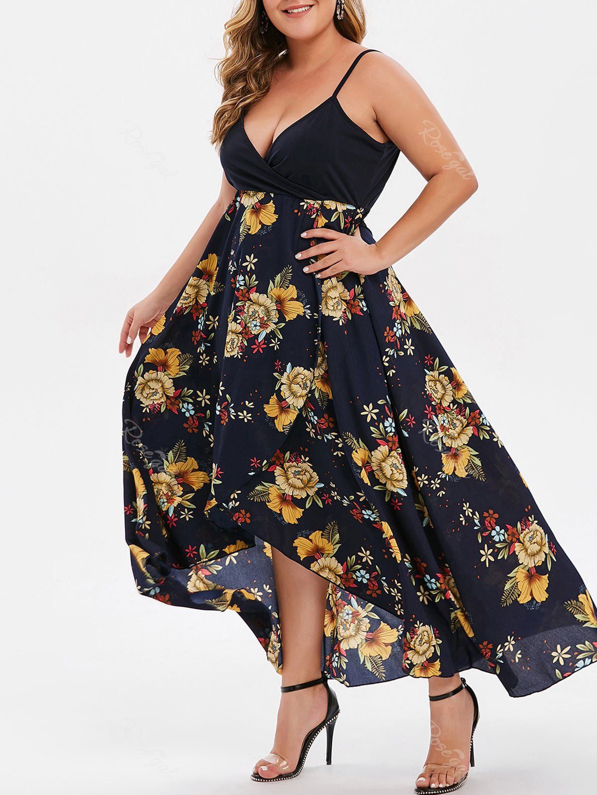 

Floral Print Plus Size Overlap Slip Dress, Cadetblue