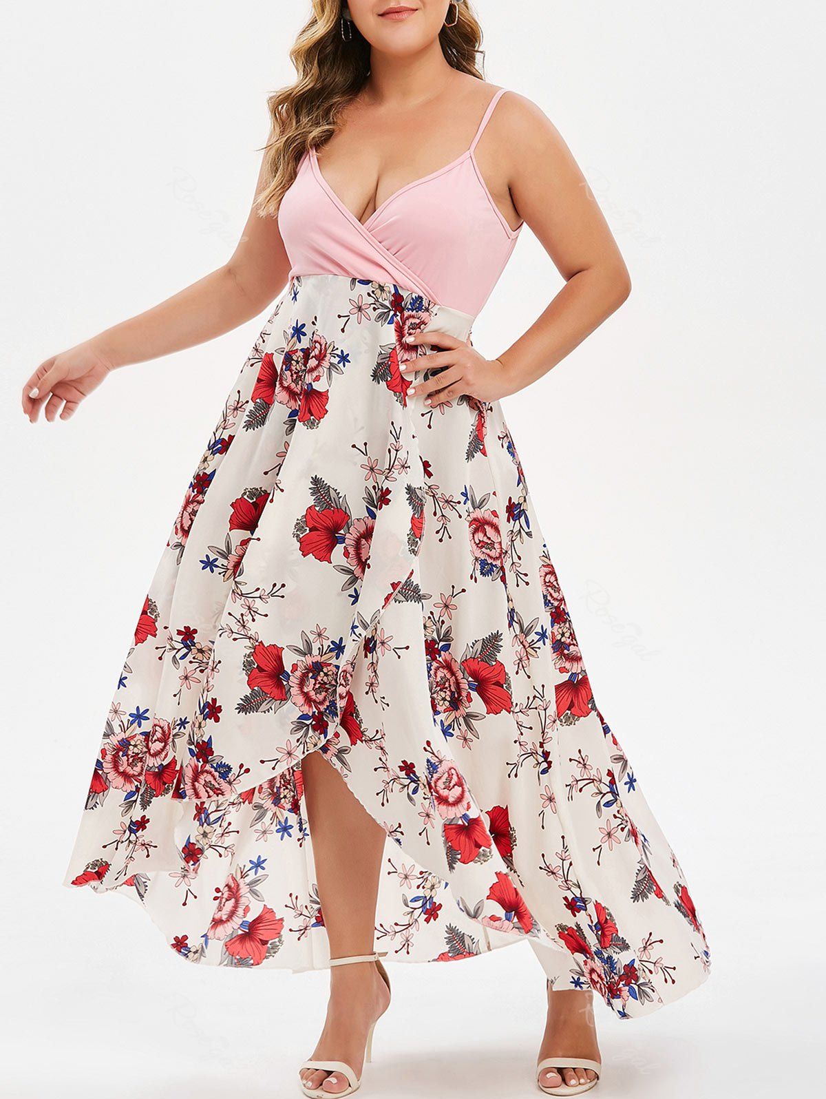 

Floral Print Plus Size Overlap Slip Dress, Pig pink