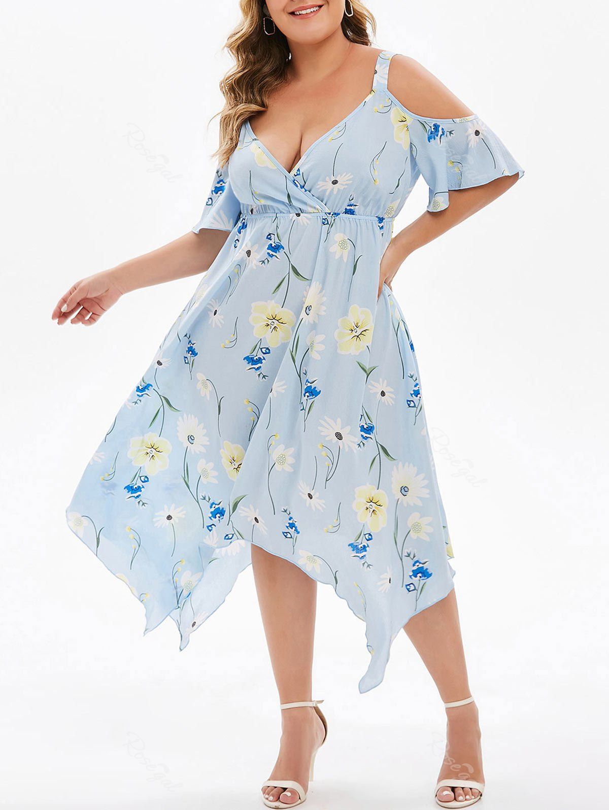 

Plus Size Plunge Cold Shoulder Asymmetrical Dress, Light sky blue