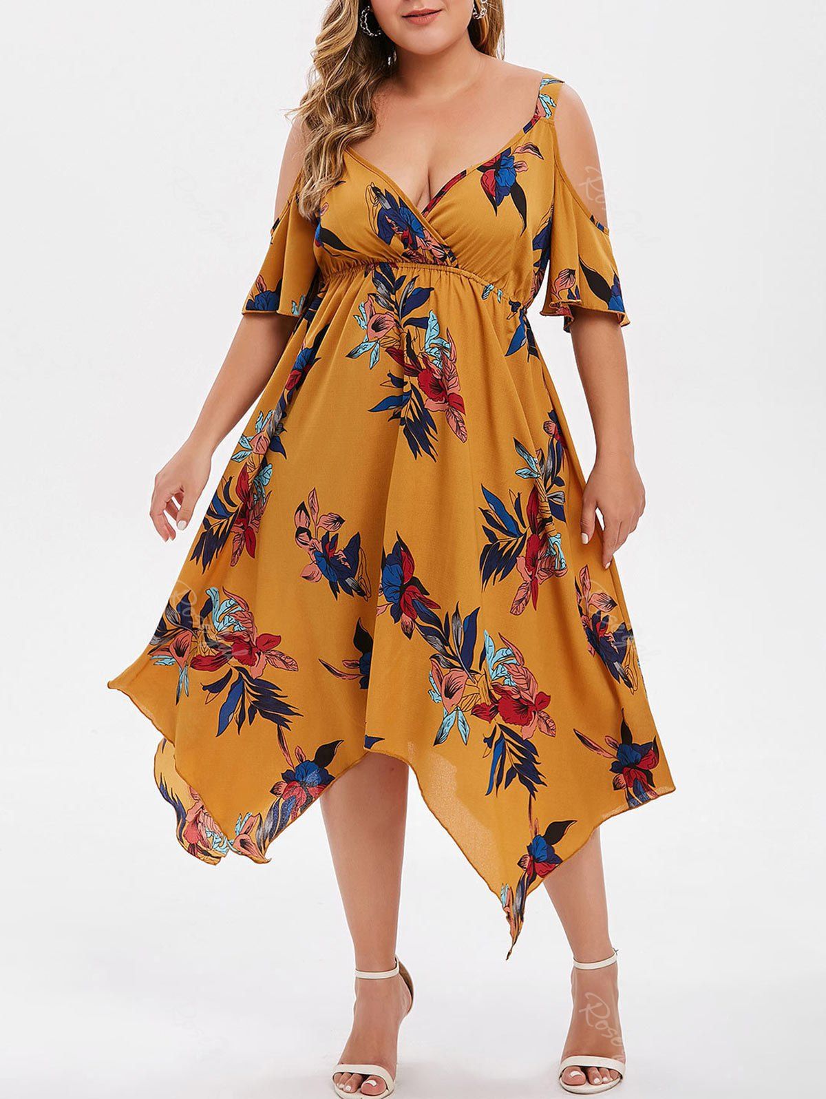 

Plus Size Plunge Cold Shoulder Asymmetrical Dress, Bee yellow