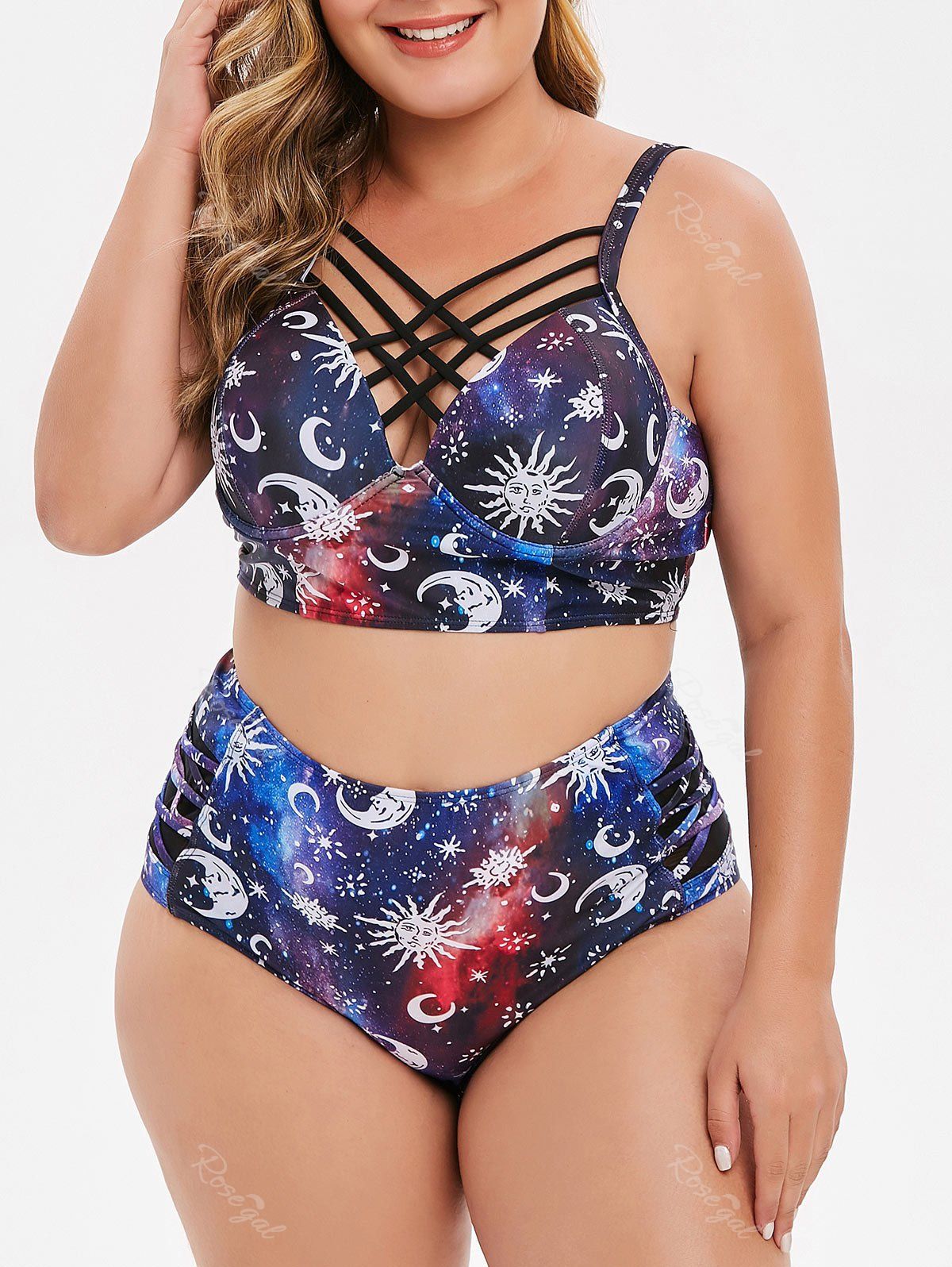 

Sun Moon Print Criss Cross Plus Size Bikini Set, Multi-a