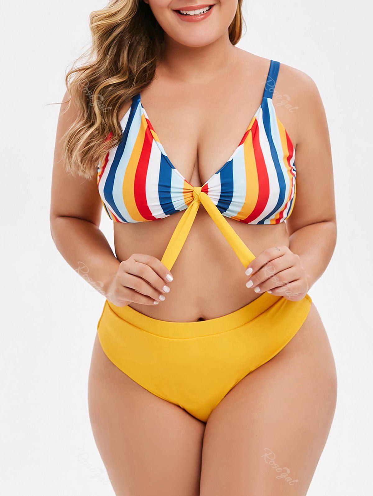 

Contrast Stripes Tie Front Plus Size Bikini Set, Rubber ducky yellow