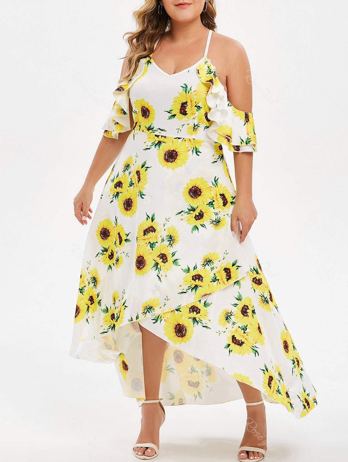 

Floral Print Plus Size Ruffle Trim Asymmetrical Dress, Yellow