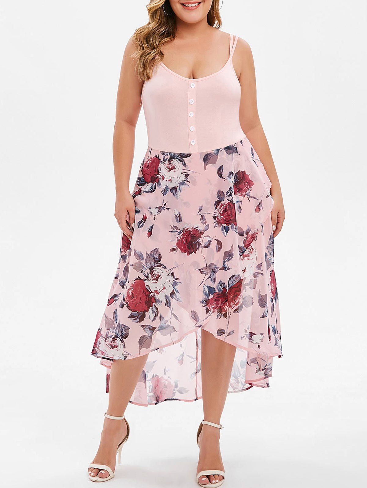 

Floral Overlay High Low Plus Size Dress, Pink
