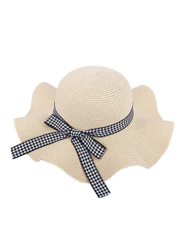 

Houndstooth Bow Wavy Straw Hat, Beige