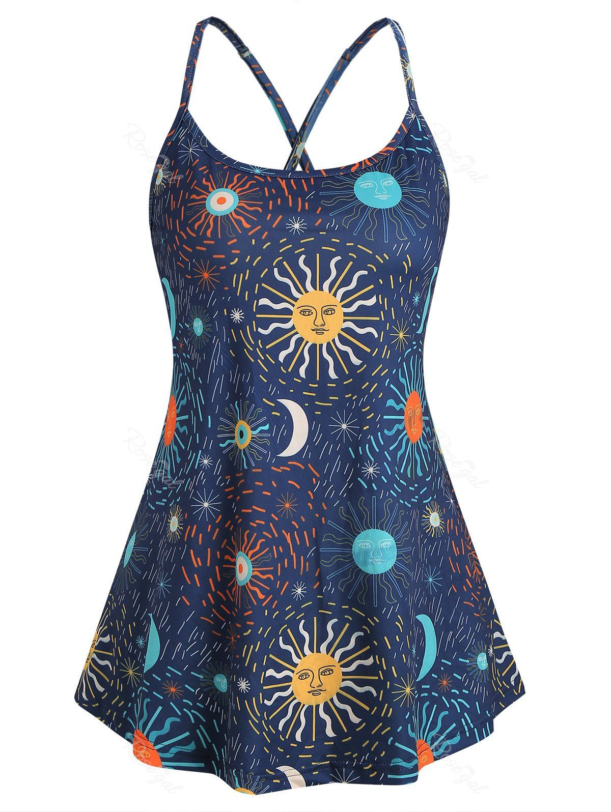 

Criss Cross Star Sun and Moon Plus Size Cami Top, Blue