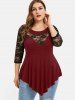 T-shirt Asymétrique Fleuri Panneau en Dentelle de Grande Taille - Rouge Vineux 3X