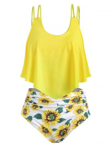 

Flounces Sunflower Print Family Plus Size Tankini Set, Yellow