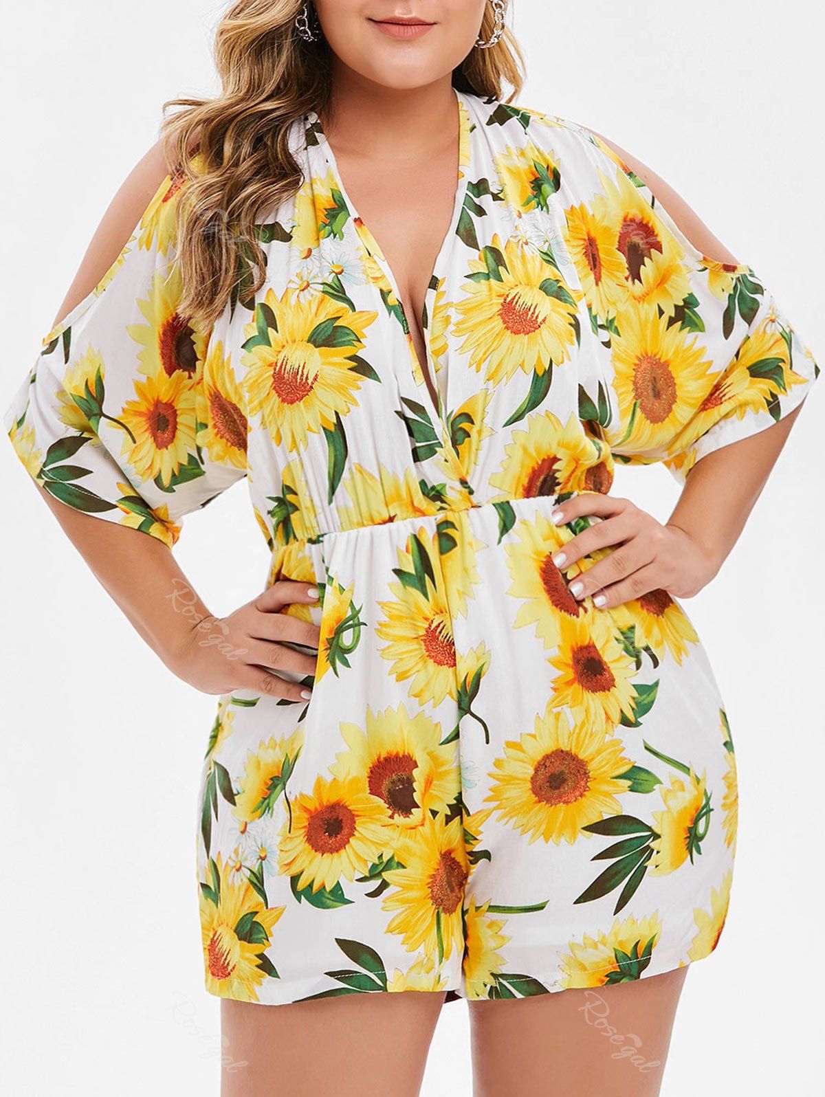 

Plus Size Cold Shoulder Plunge Sunflower Romper, White
