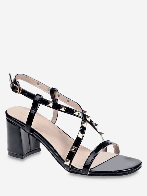 Rivet Decoration Chunky Heel Sandals, Black