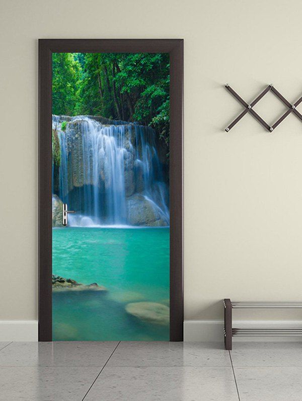 

Forest Waterfall River Print Door Art Stickers, Green