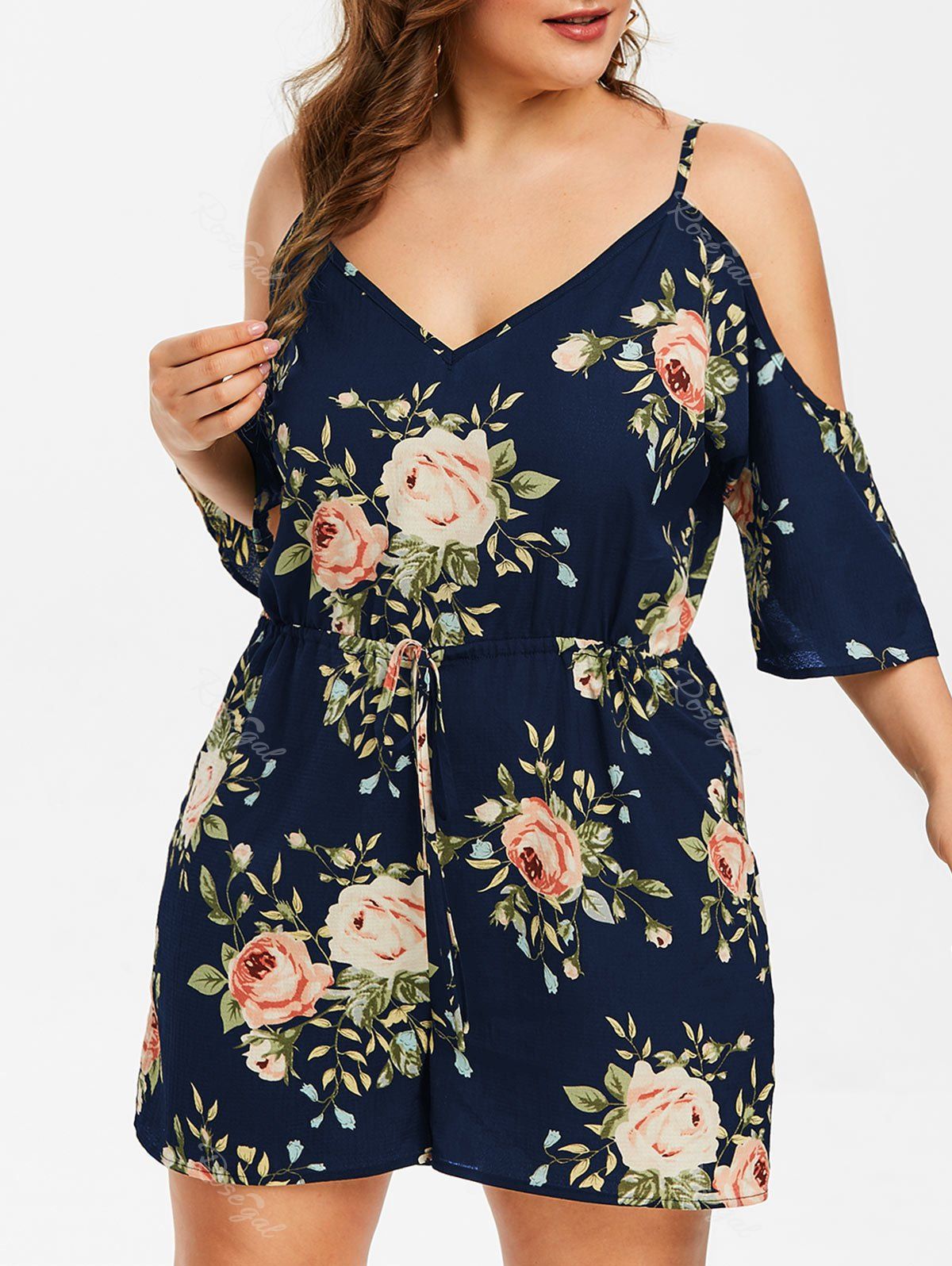 

Plus Size Floral Cold Shoulder Romper, Cadetblue
