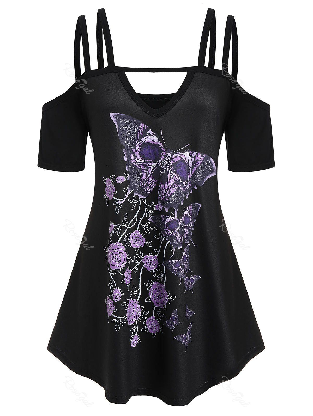 

Plus Size Cold Shoulder Butterfly Print T-shirt, Black