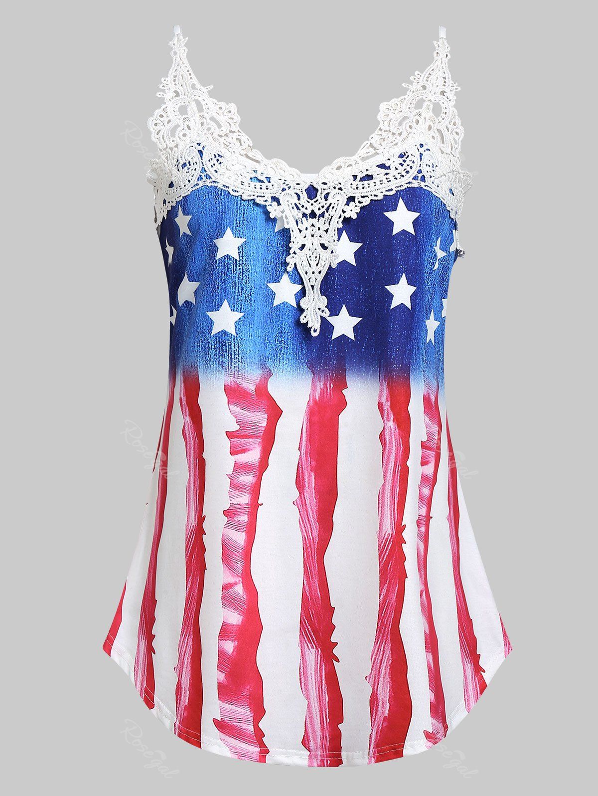 Plus Size American Flag Print Lace Insert Tank Top, Multi