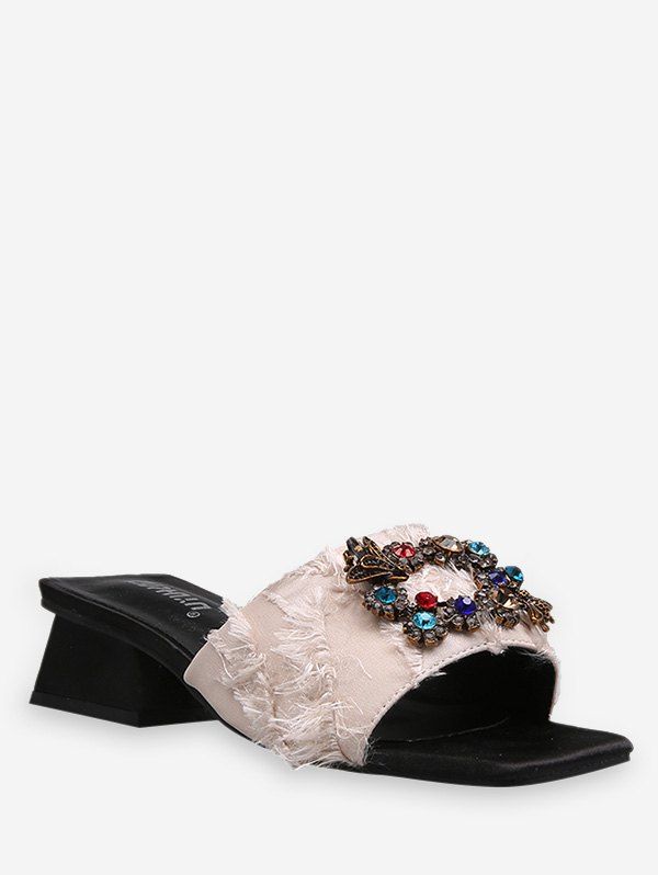 

Diamante Buckle Frayed Hem Slides, Beige