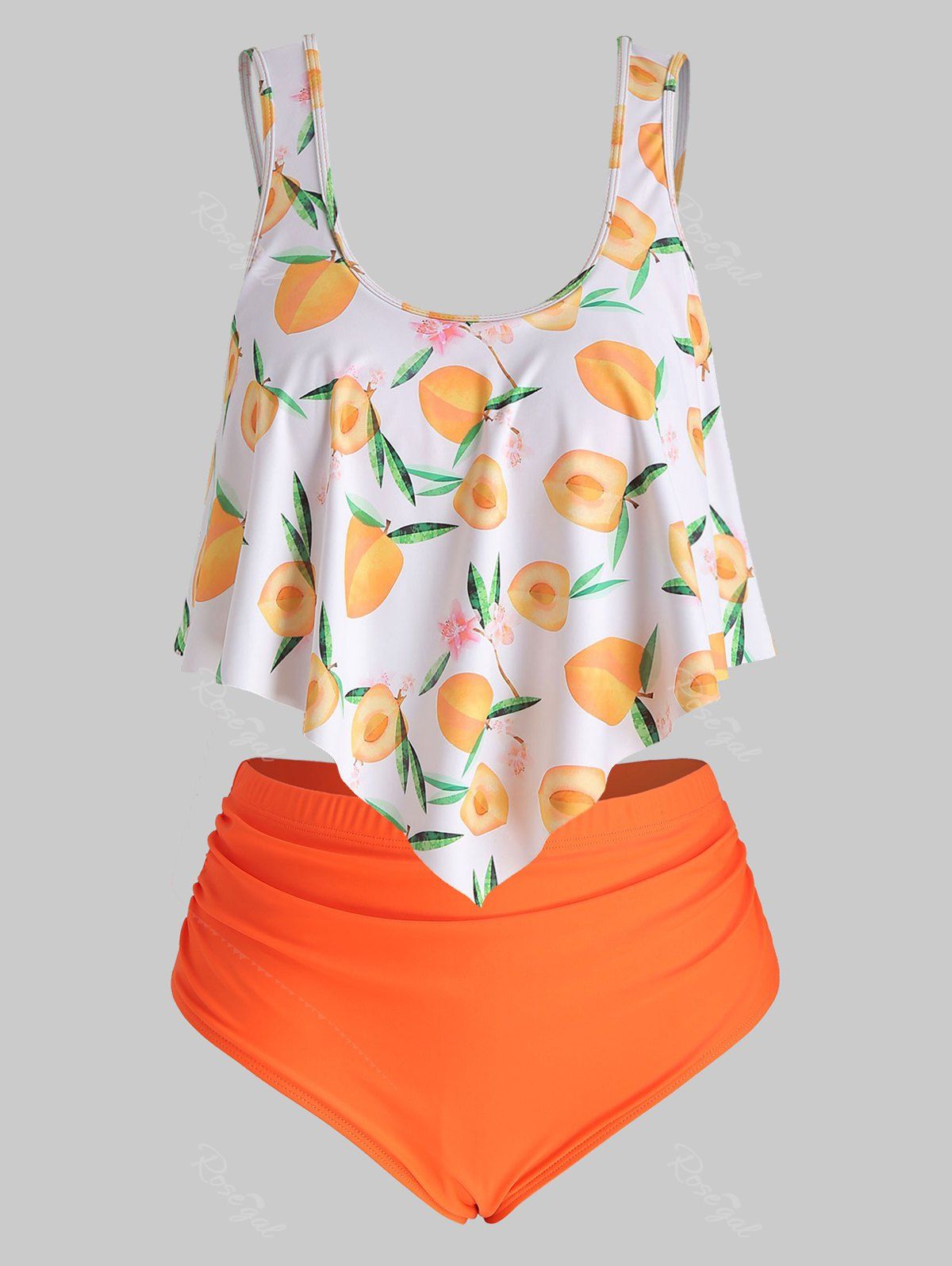 

Strappy Contrast Peach Print Plus Size Tankini Set, Orange