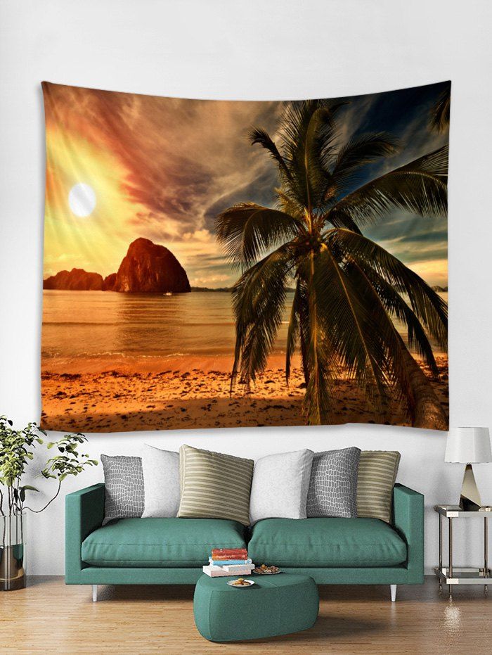 

Beach Coconut Tree Sunset Print Wall Tapestry, Sun yellow