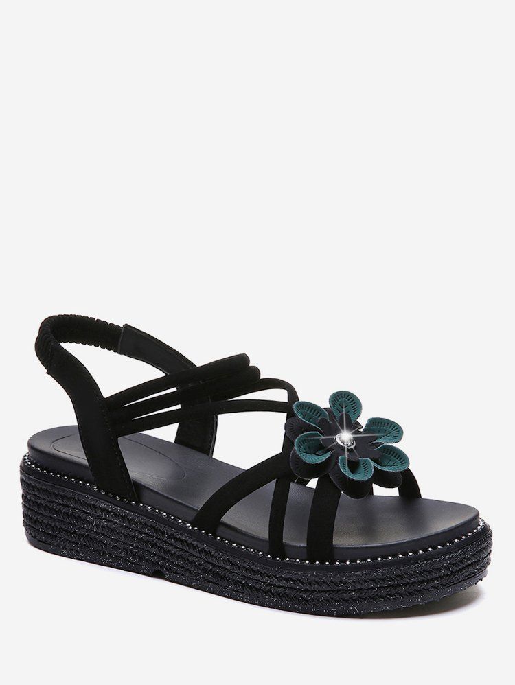 

Flower Decor Flat Platform Sandals, Black